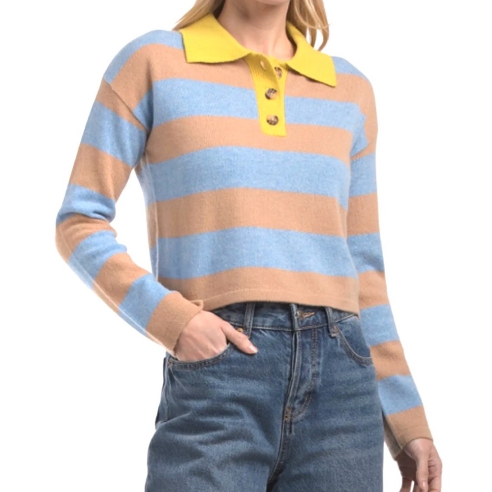 House of Harlow 1960 Blue and Tan Sweater with Yellow Collar Size Large